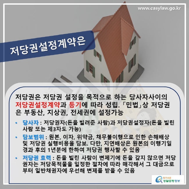 저당권은 저당권 설정을 목적으로 하는 당사자사이의 저당권설정계약 과 등기에 따라 성립 . 「민법」상 저당권 은 부동산 , 지상권 , 전세권에 설정가능 • 당사자 : 저당권자 (돈을 빌려준 사람) 과 저당권설정자 (돈을 빌린 사람 또는 제3자도 가능) • 담보범위 : 원본, 이자, 위약금, 채무불이행으로 인한 손해배상 및 저당권 실행비용을 담보. 다만 , 지연배상은 원본의 이행기일 경과 후의 1 년분에 한하여 저당권 행사할 수 있음 • 저당권 효력 : 돈을 빌린 사람이 변제기에 돈을 갚지 않으면 저당권자는 저당목적물을 일정한 절차에 따라 매각해서 그 대금으로부터 일반채권자에 우선해 변제를 받을 수 있음